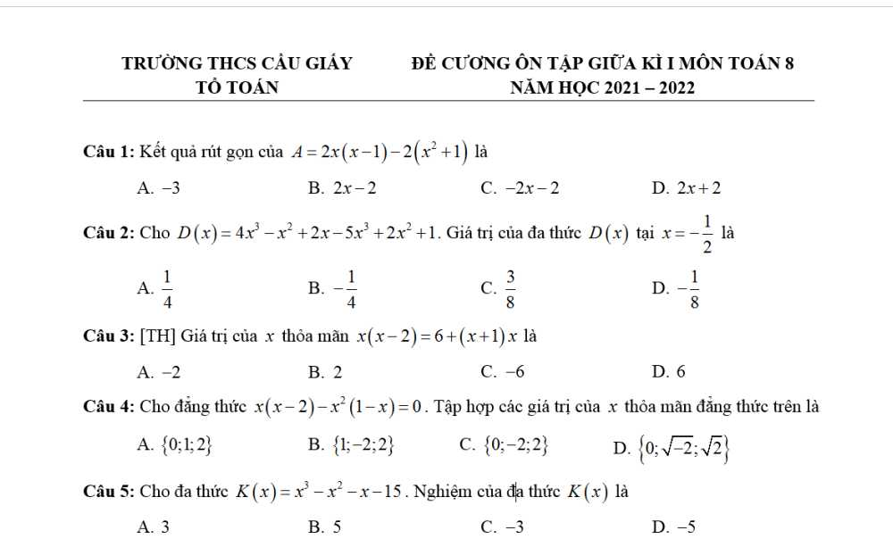 Toán 8: Đề cương Ôn tập giữa học kỳ 1. Trường THCS Cầu Giấy năm học 2021-2022